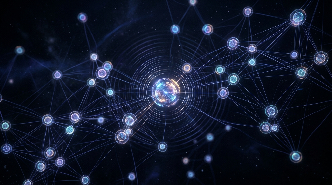 AI agent network visualization — one voice controlling many nodes