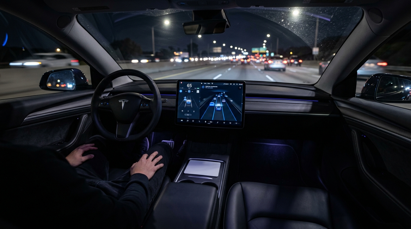 Tesla Model Y interior with Magic Trackpad on center console — mobile voice command studio