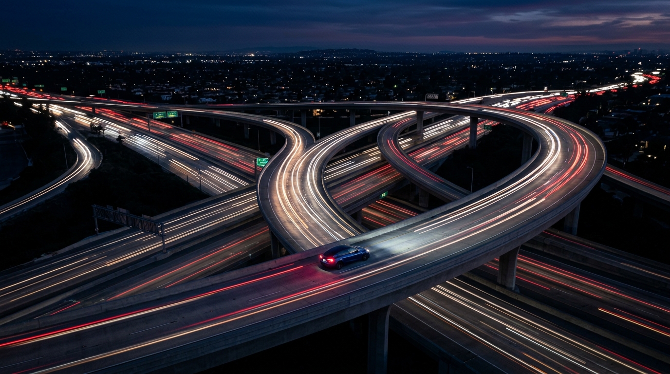 Aerial view of California highway at blue hour — commute transformed into productive time