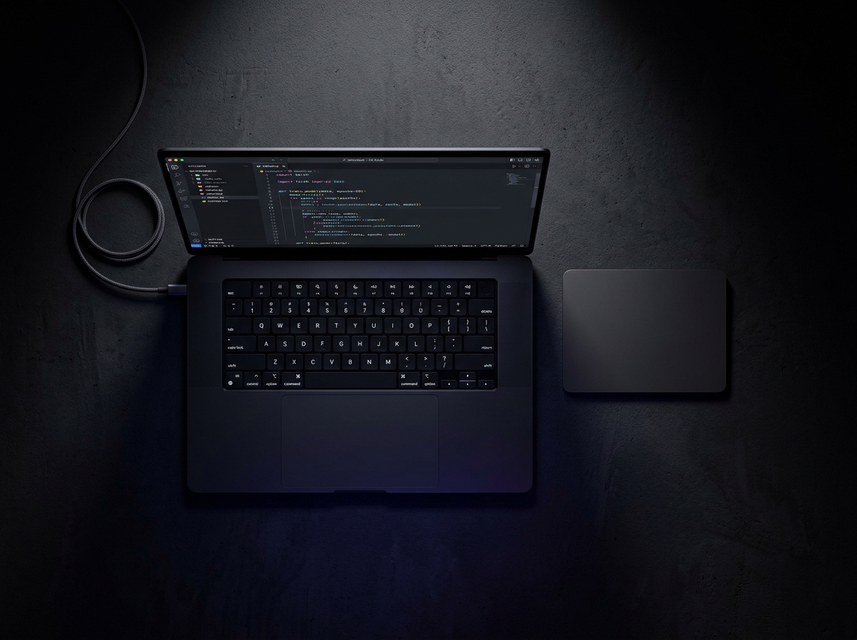MacBook Pro and Magic Trackpad on dark desk — minimal developer workspace