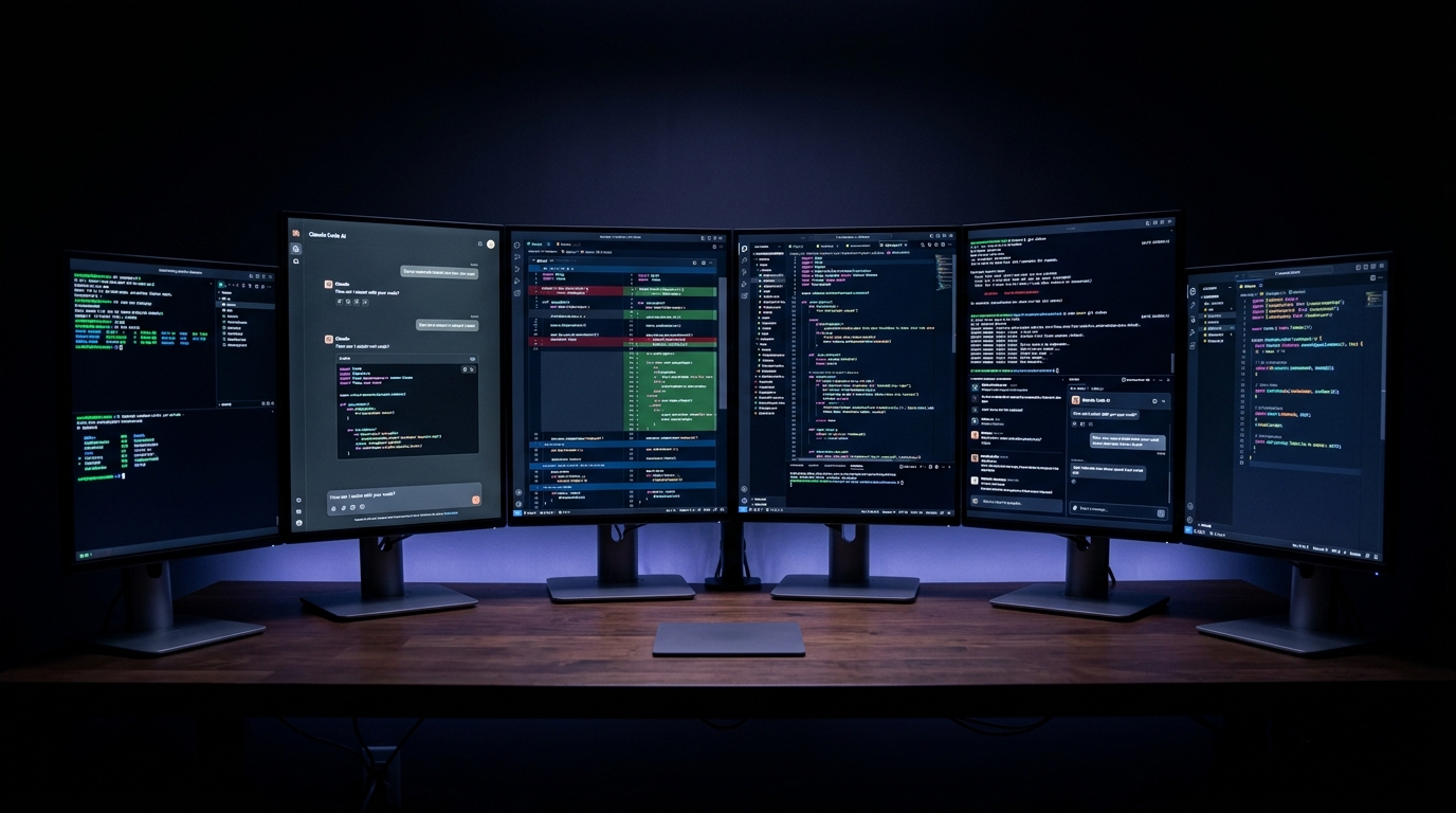 Six monitors showing AI coding interfaces — Claude Code, ChatGPT, Cursor