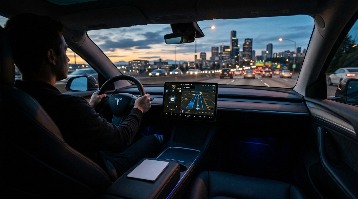 MacBook and Magic Trackpad on Tesla center console — mobile office