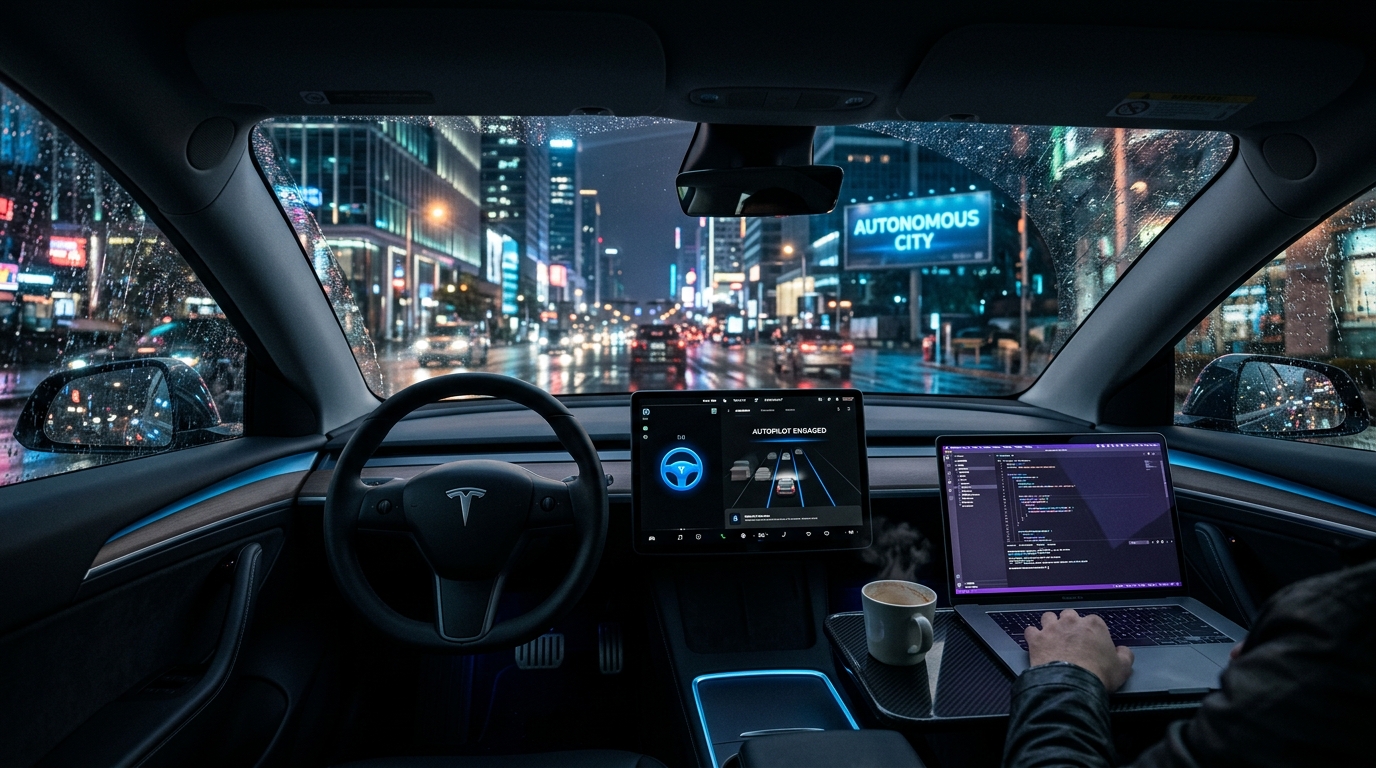 Tesla night drive POV — autonomous driving through the city, FSD active